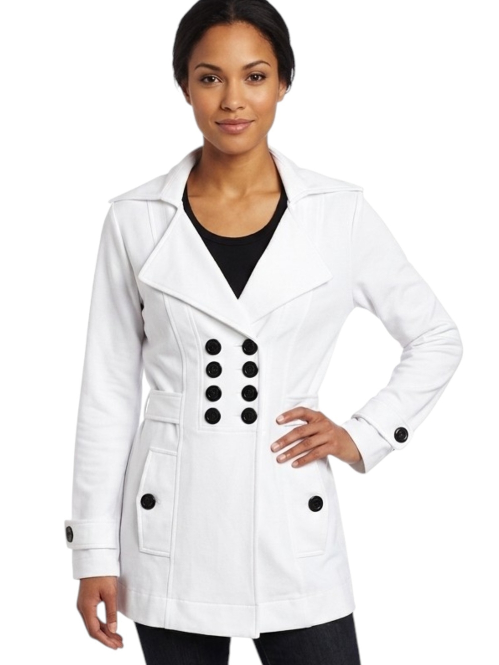 Selé White Double-Breasted Trench Jacket Medium Belted Pea Coat Stretch